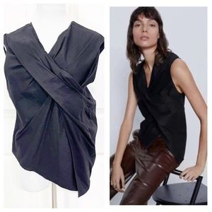 NWT! Zara Black Drape Linen Asymmetrical Sleeveless Blouse